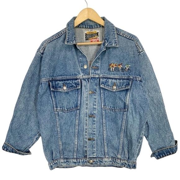 Vintage London Fog Bicycle Embroidered Denim Trucker Jean Jacket Size Large - Picture 1 of 10